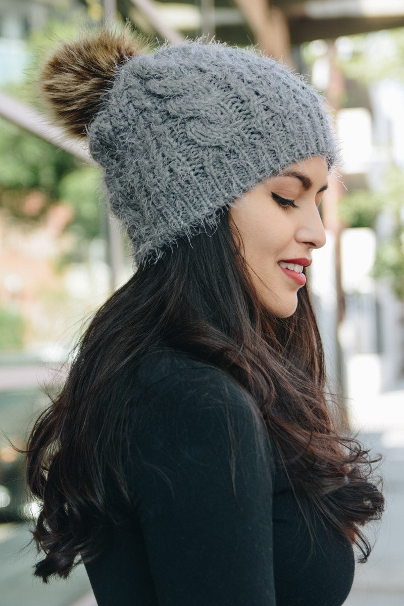 Mohair Fur Knit Pom Beanie Beanies Gray