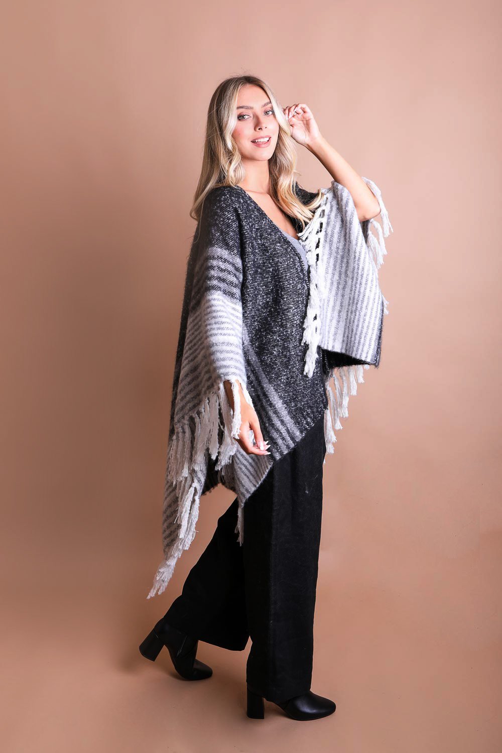 Mohair Striped Ruana Ponchos Black