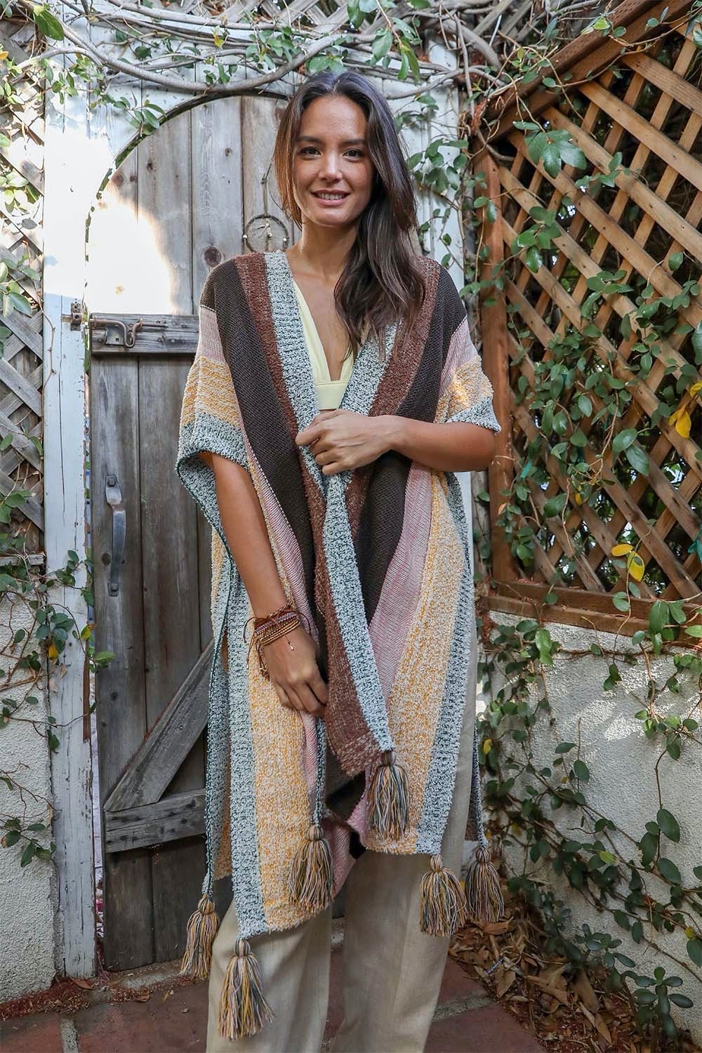 Multi-color Striped Tassel Poncho Ponchos Yellow