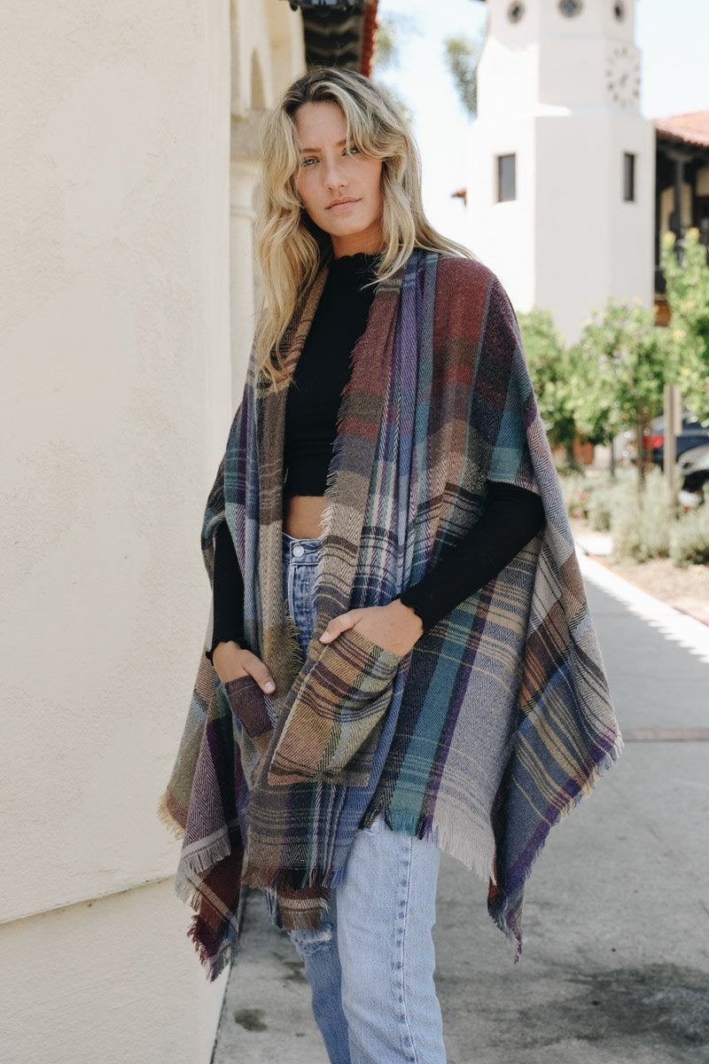 Multicolor Plaid Pocket Ruana Ponchos Camel