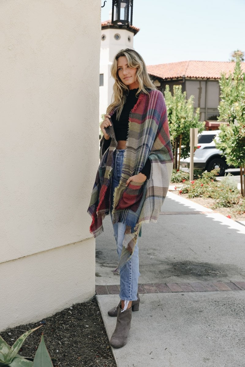 Multicolor Plaid Pocket Ruana Ponchos