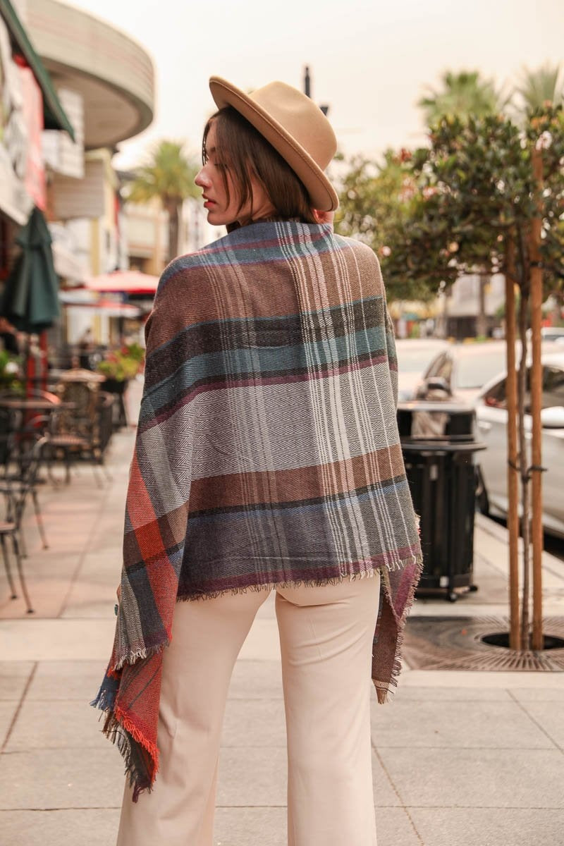 Multicolor Plaid Pocket Ruana Ponchos