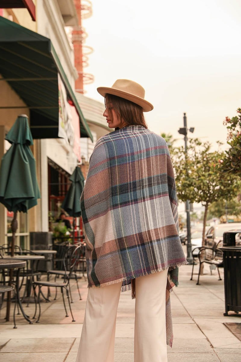 Multicolor Plaid Pocket Ruana Ponchos