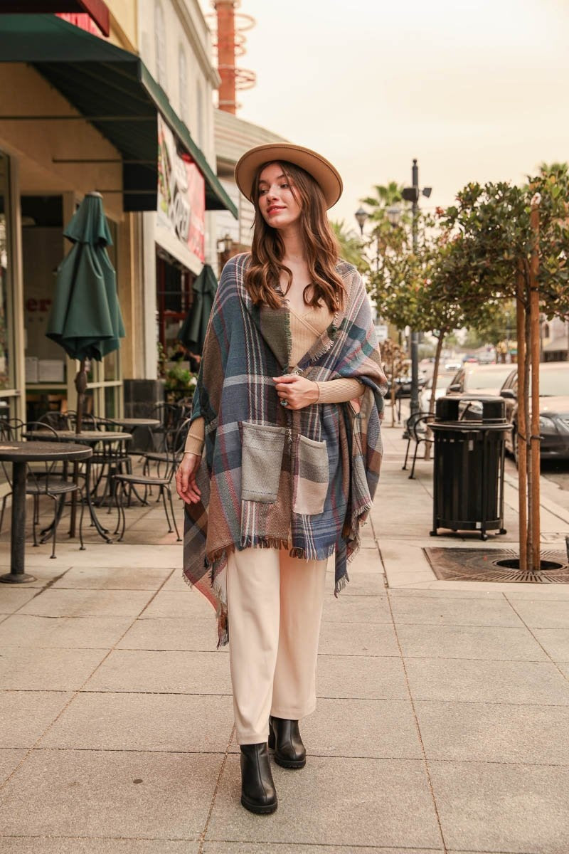 Multicolor Plaid Pocket Ruana Ponchos Light Pink