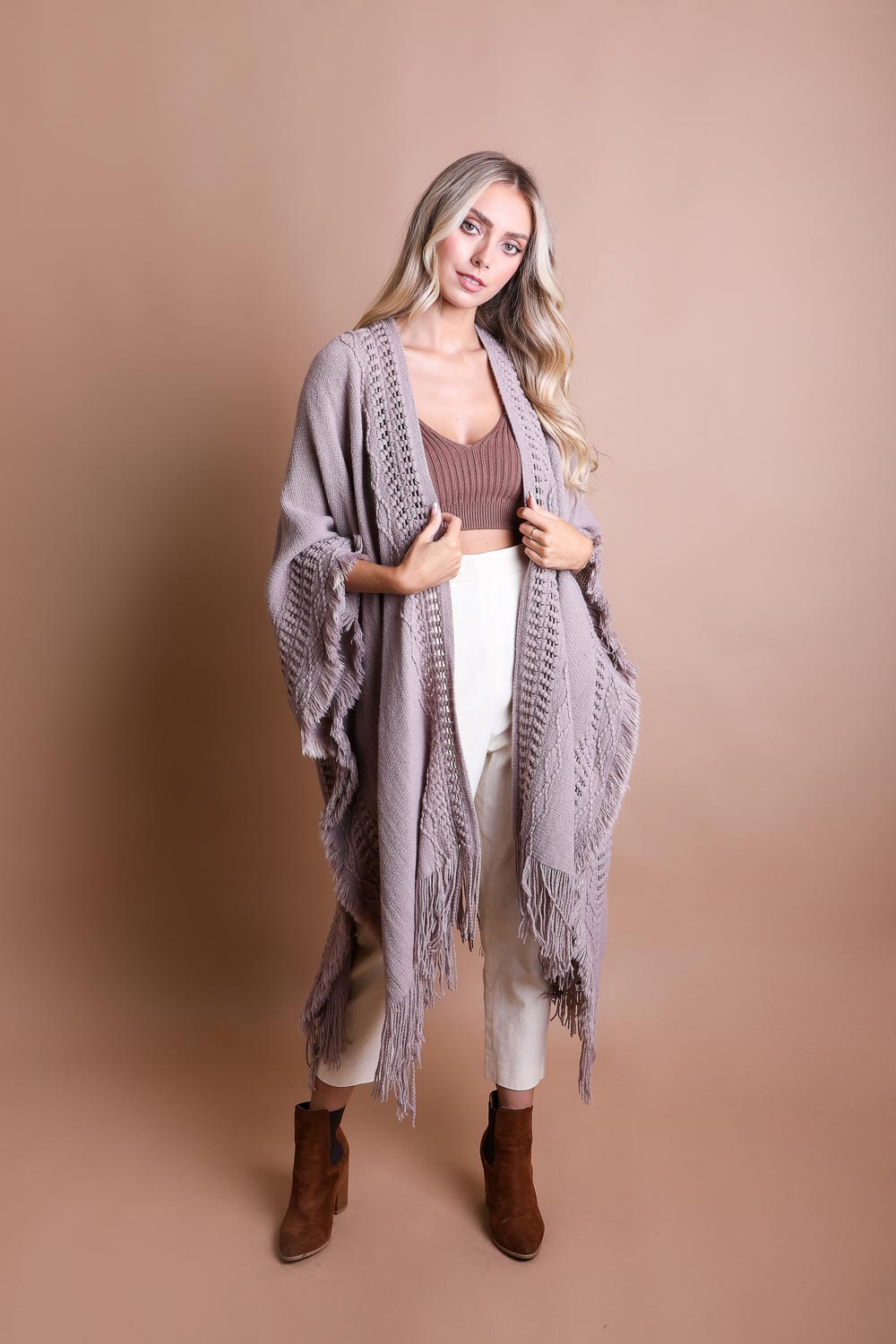 Open Work Frayed Bohemian Ruana Ponchos