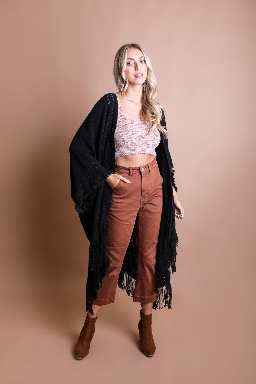 Open Work Frayed Bohemian Ruana Ponchos