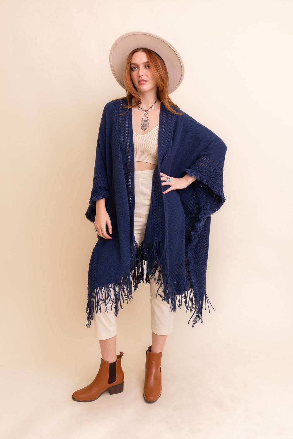 Open Work Frayed Bohemian Ruana Ponchos Navy