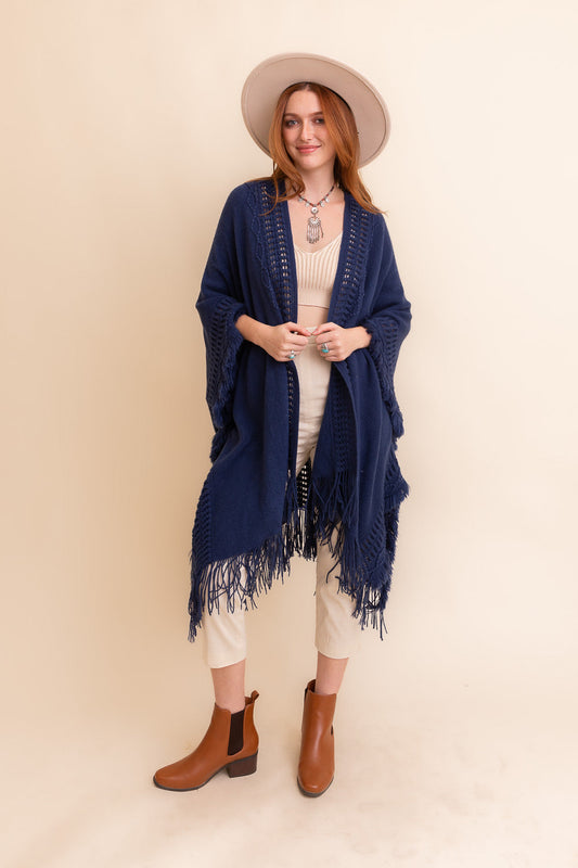 Open Work Frayed Bohemian Ruana Ponchos Navy