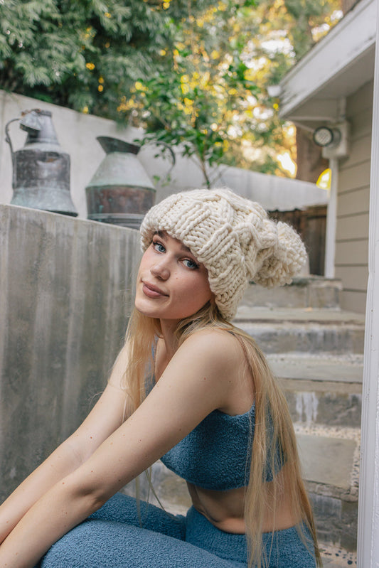 Oversized Chunky Knit Pom Beanie Beanies Ivory