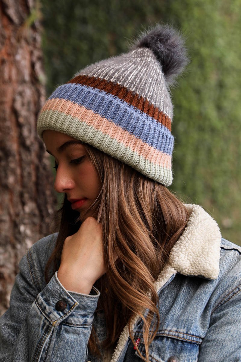 Pastel Stripe Knit Pom Beanie Hats & Hair Black