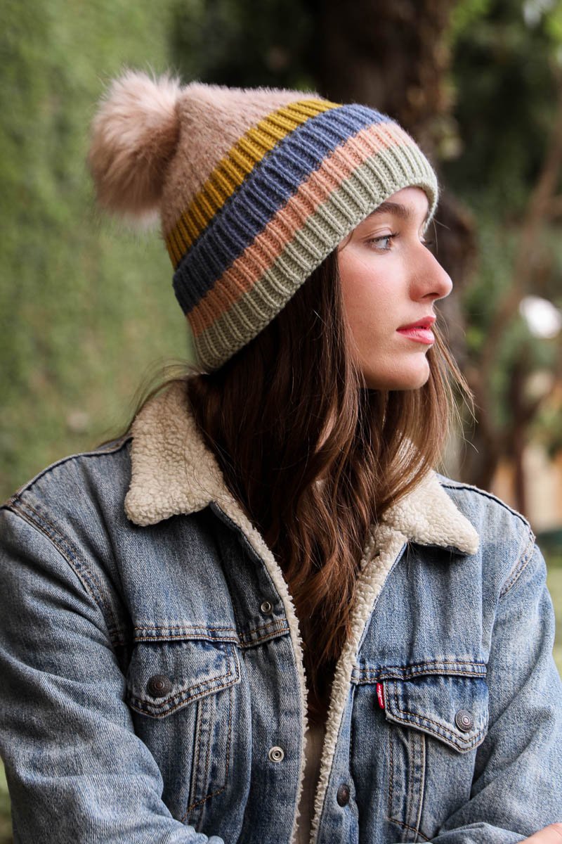 Pastel Stripe Knit Pom Beanie Hats & Hair Pink