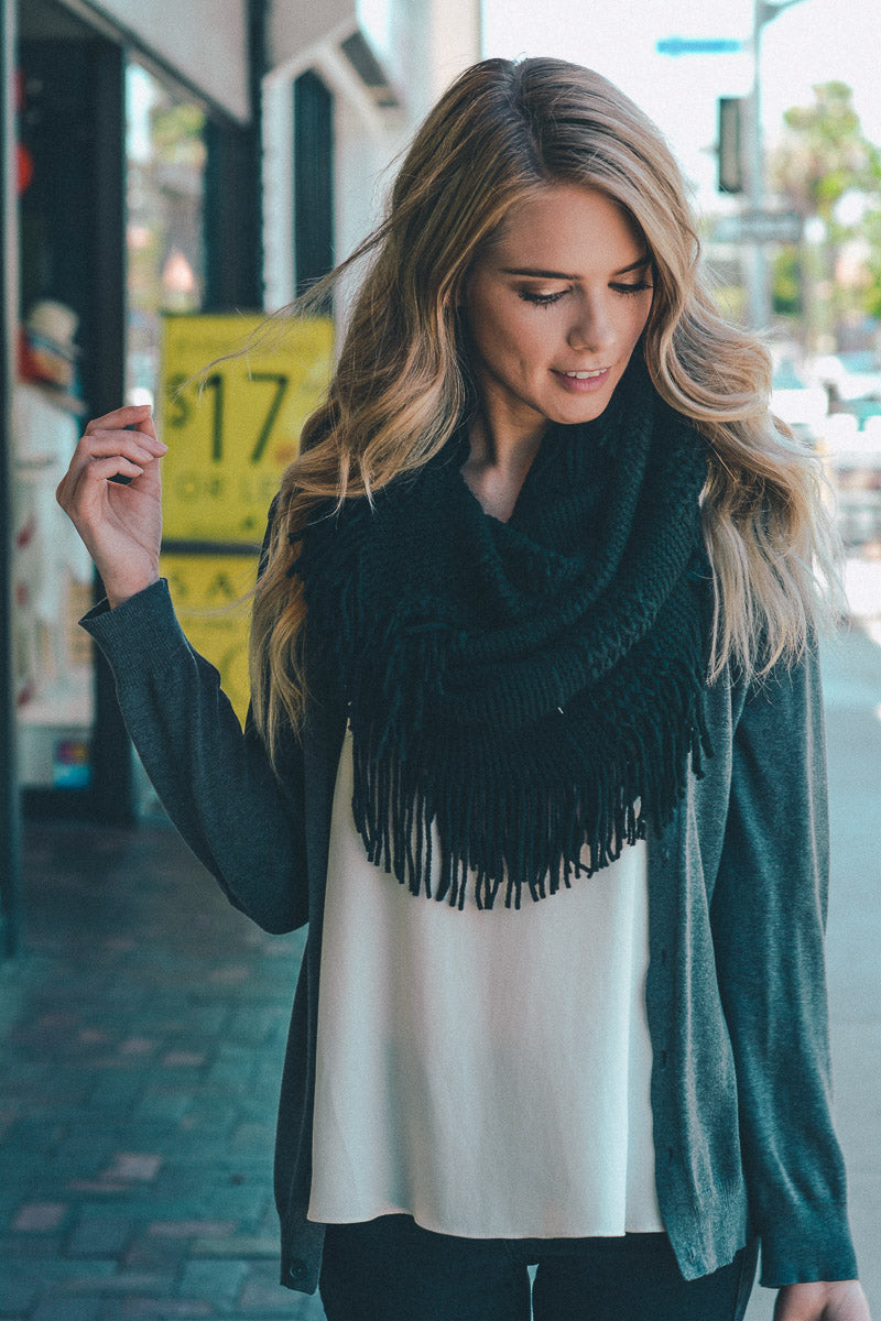 Pointelle Fringe Infinity Scarves Black