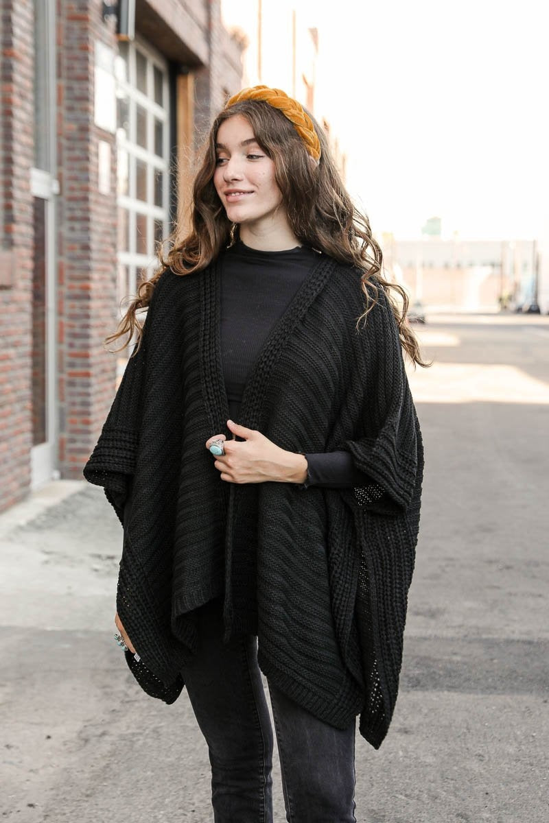 Ridged Rib Knit Ruana Ponchos Black