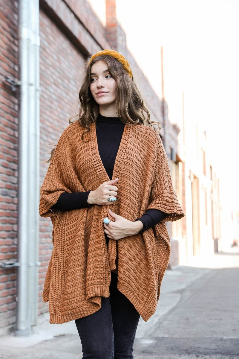 Ridged Rib Knit Ruana Ponchos Camel