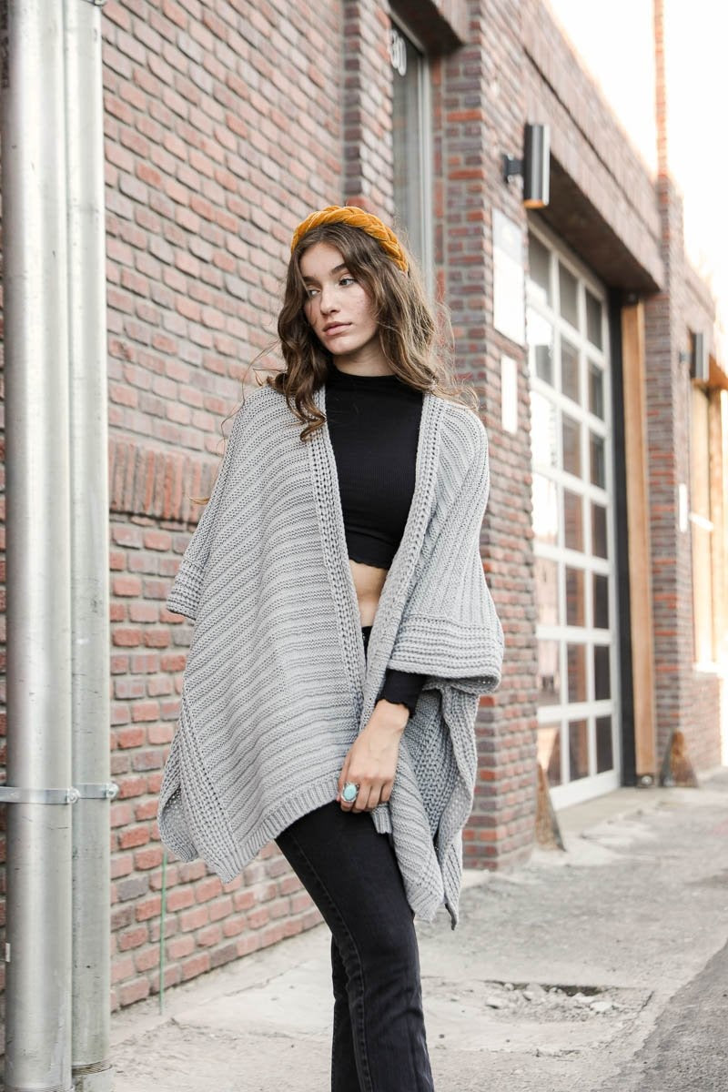 Ridged Rib Knit Ruana Ponchos Gray