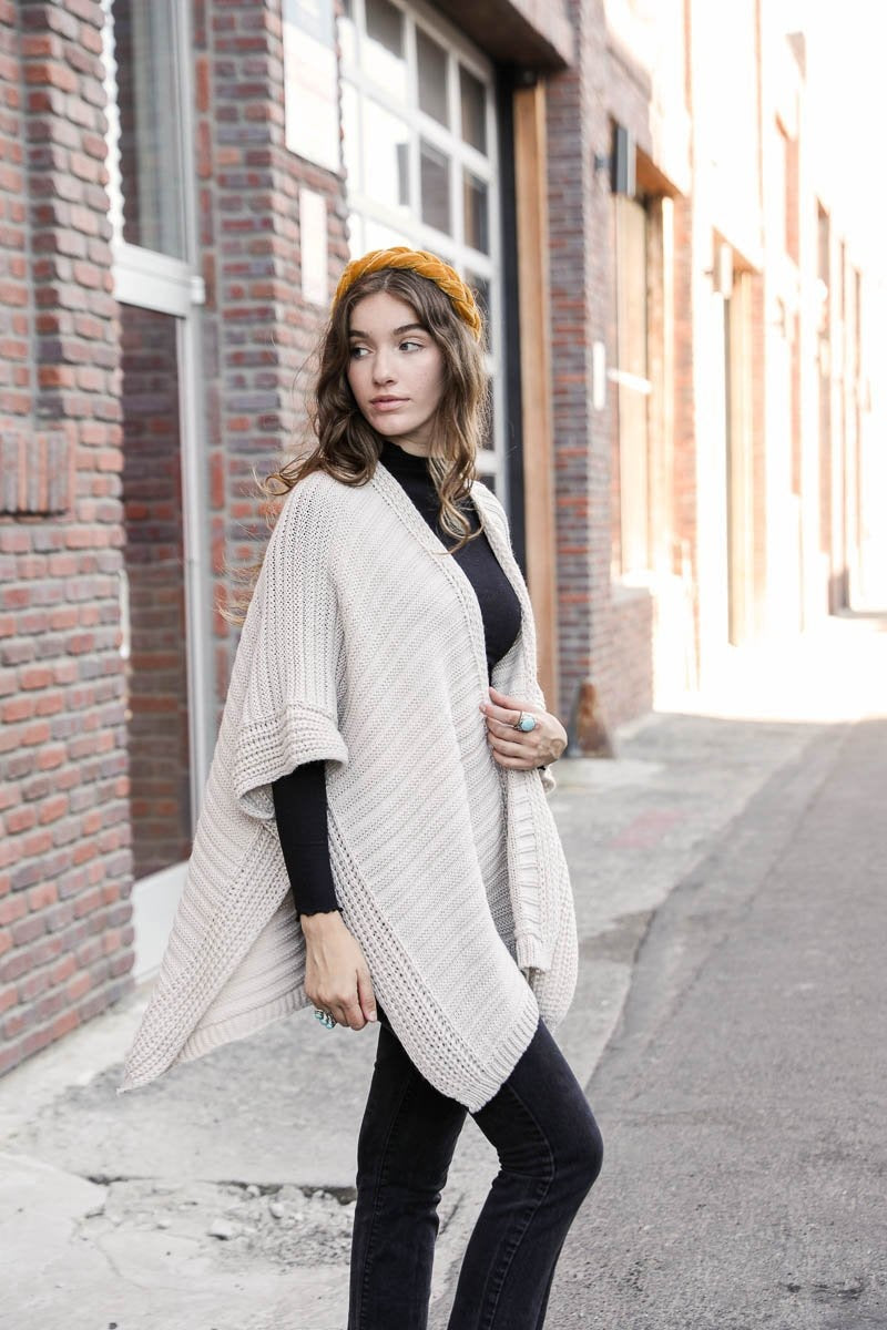 Ridged Rib Knit Ruana Ponchos Oatmeal