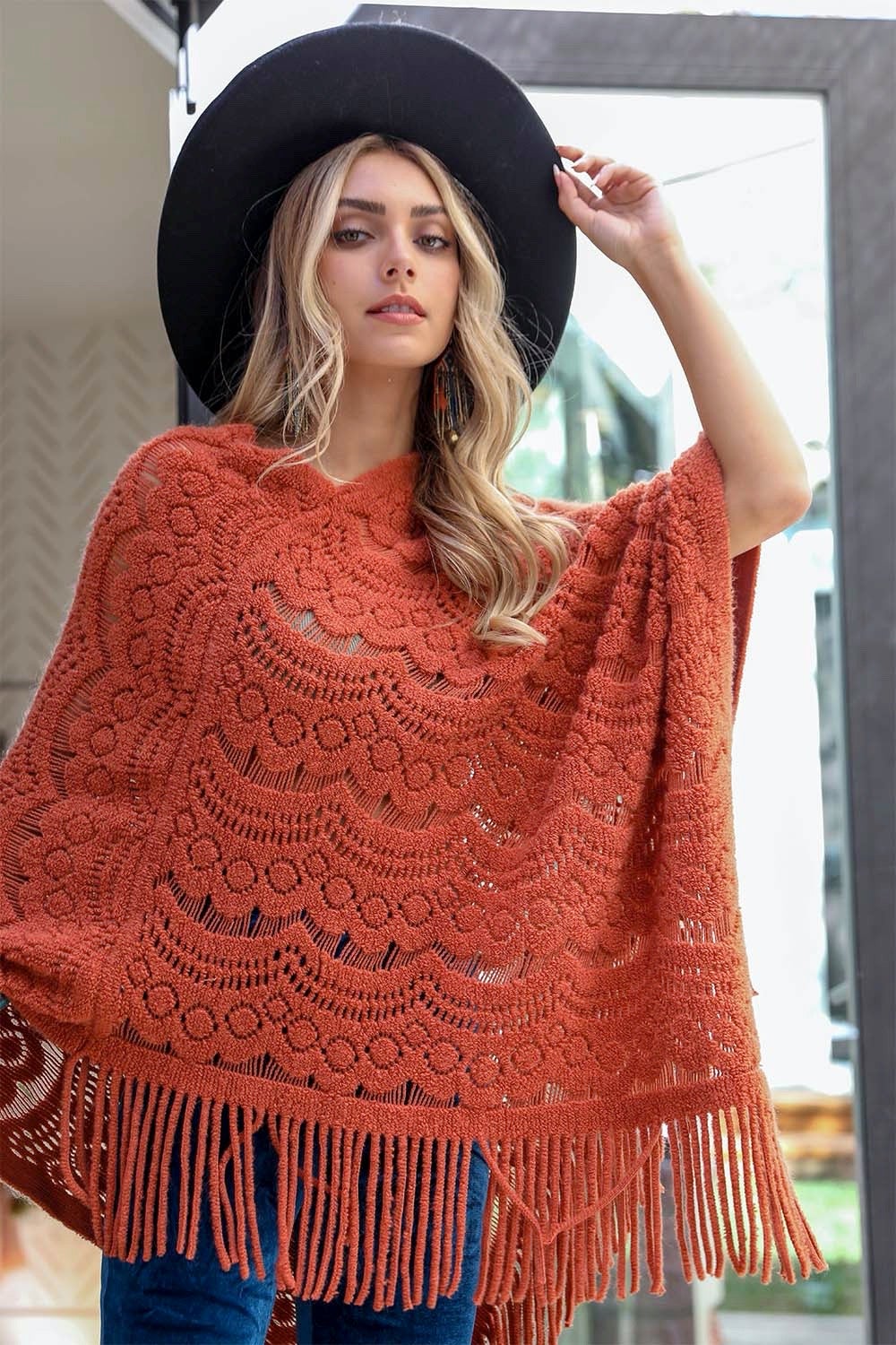 Scallop Lace Knit Poncho Ponchos