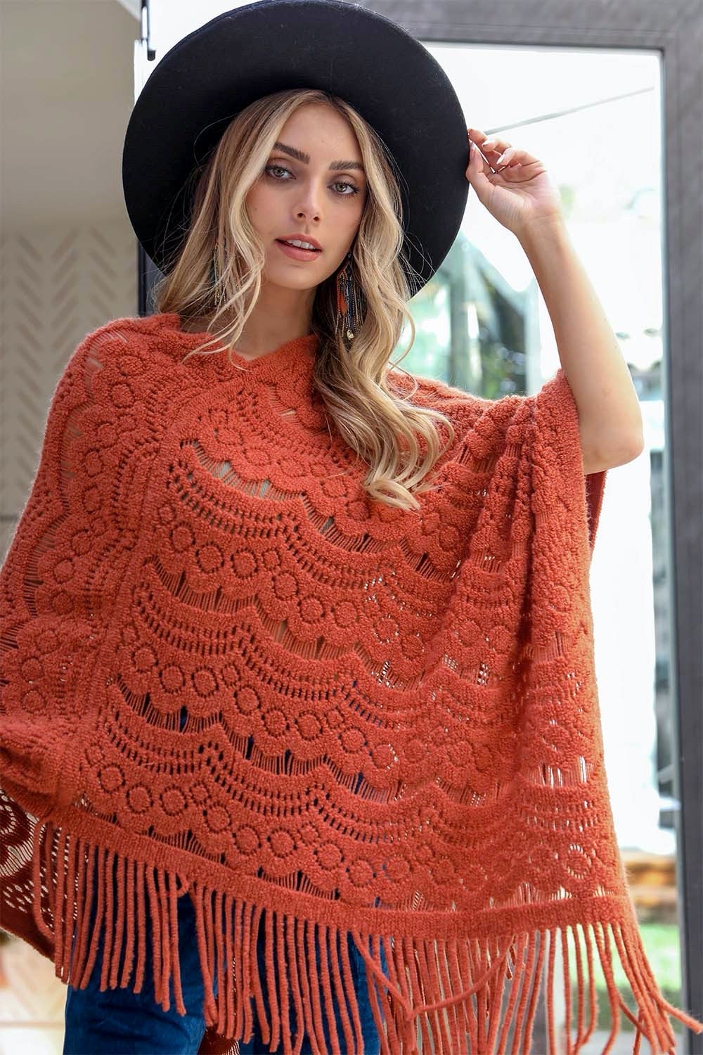 Scallop Lace Knit Poncho Ponchos Rust