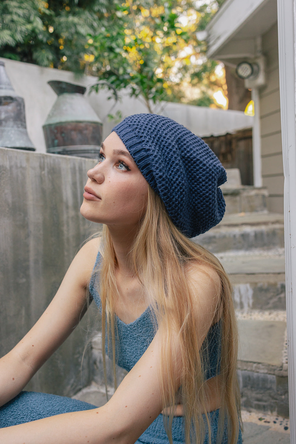 Slouch Waffle Knit Beanie Beanies Blue