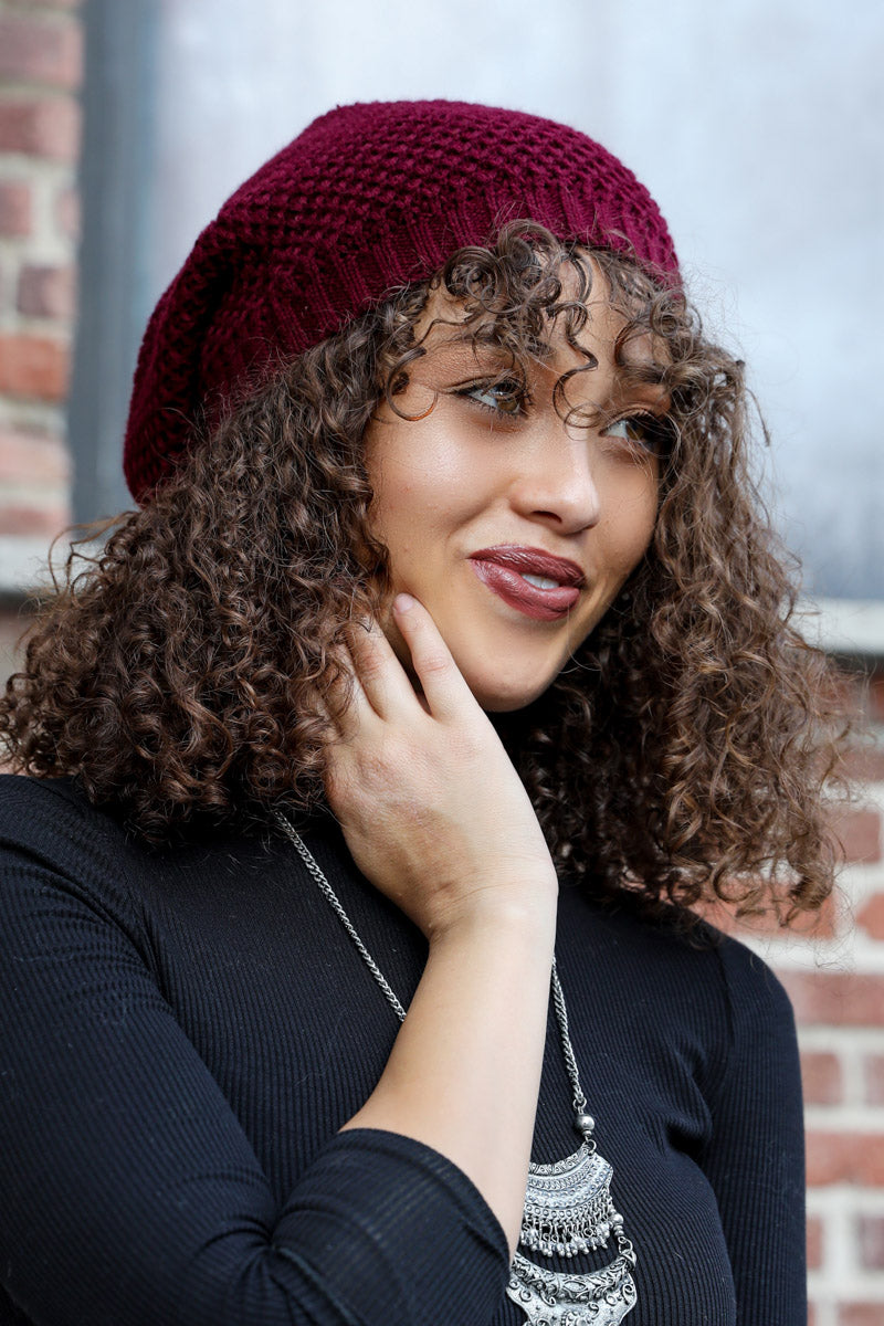 Slouch Waffle Knit Beanie Beanies Burgundy