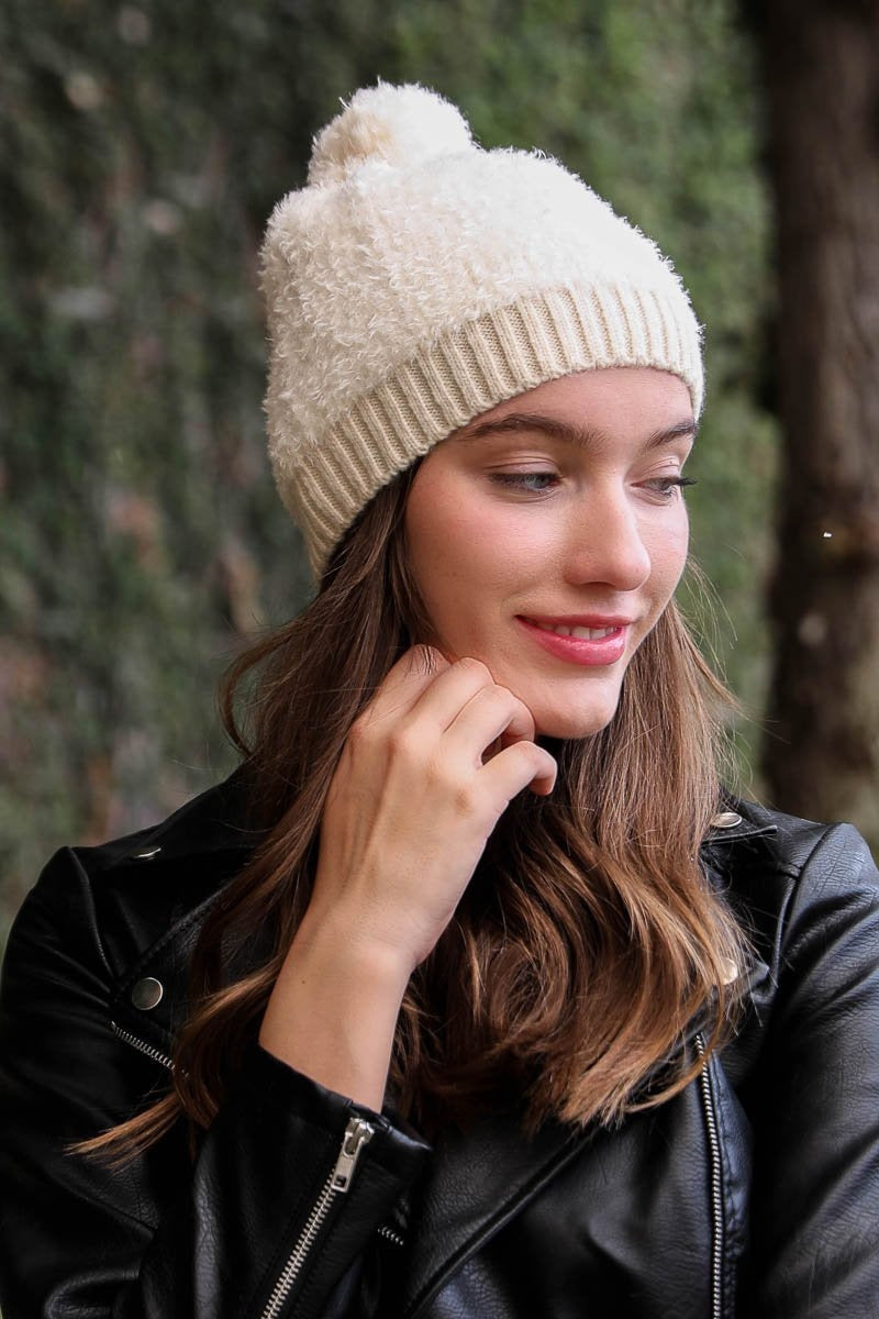 Soft Furry Pom Knit Beanie Hats & Hair Ivory