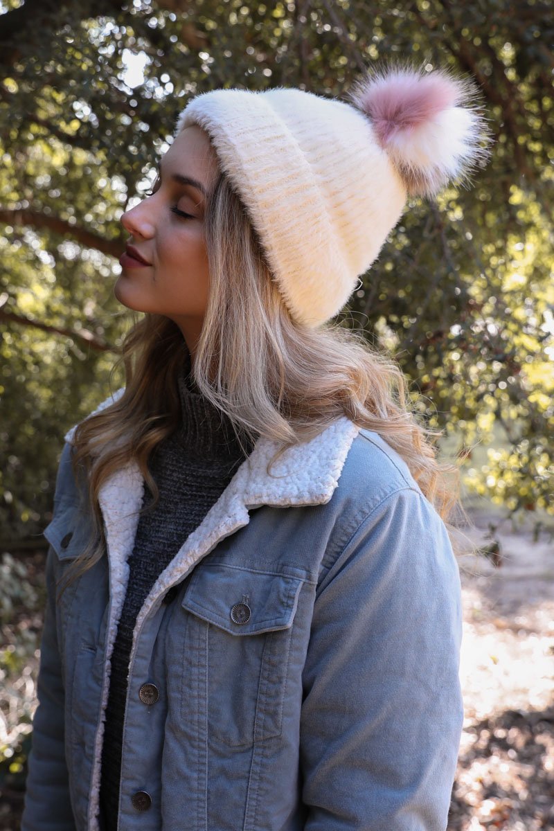 Soft Mohair Pom Beanie Hats & Hair Ivory