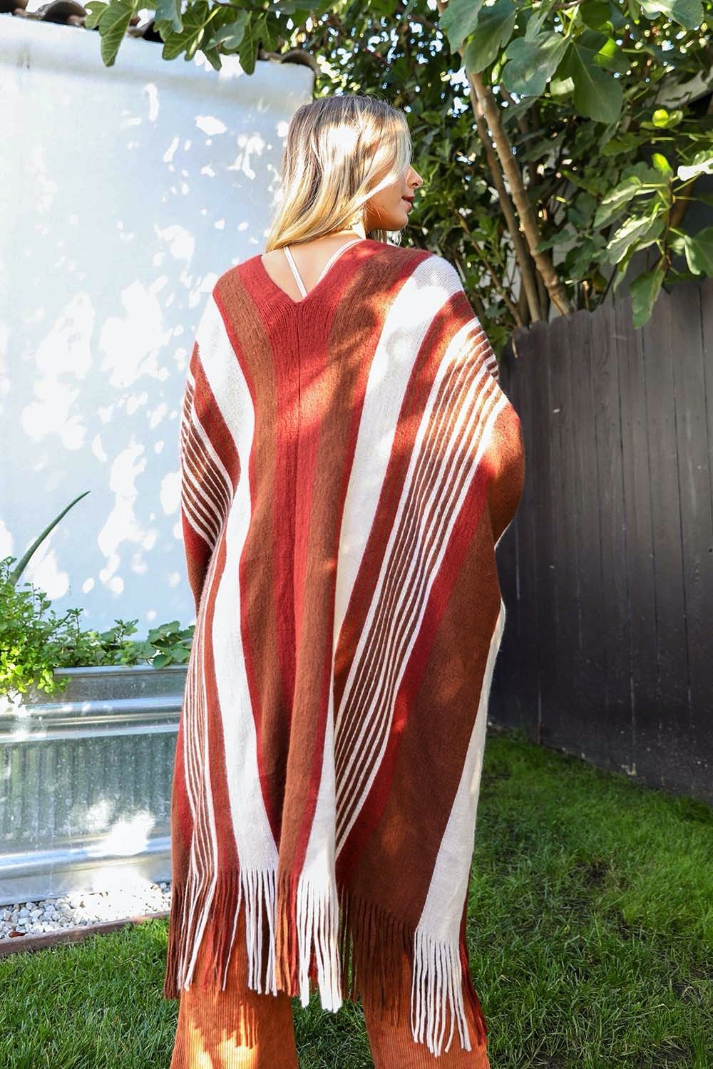 Striped Frayed Edge Ruana Ponchos