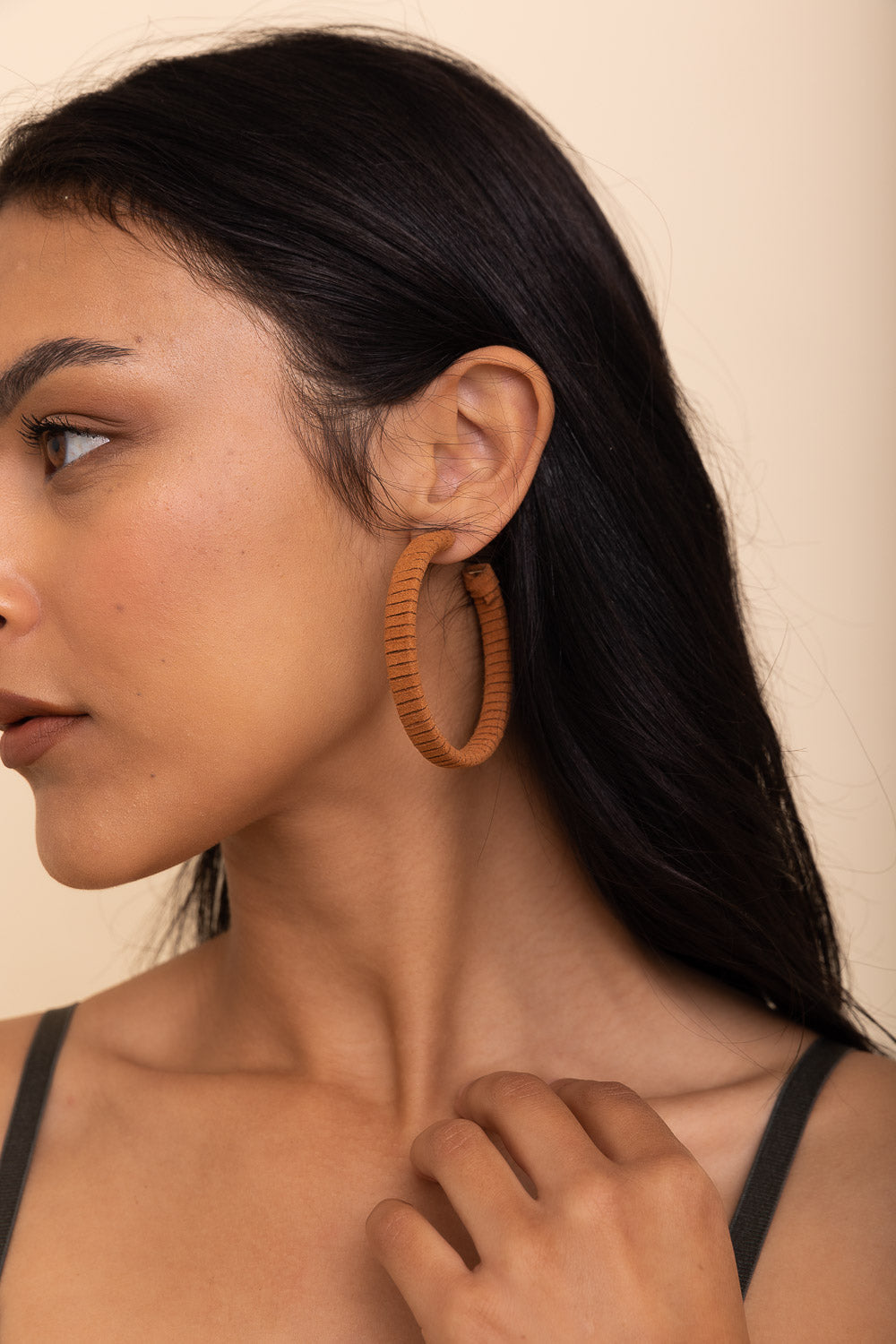 Suede Leather Wrapped Hoop Earrings Jewelry Camel