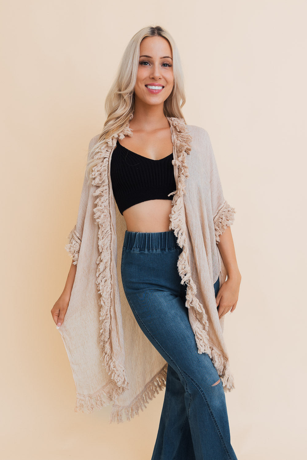 Sun Bleached Fringe Ruffle Kimono Kimonos