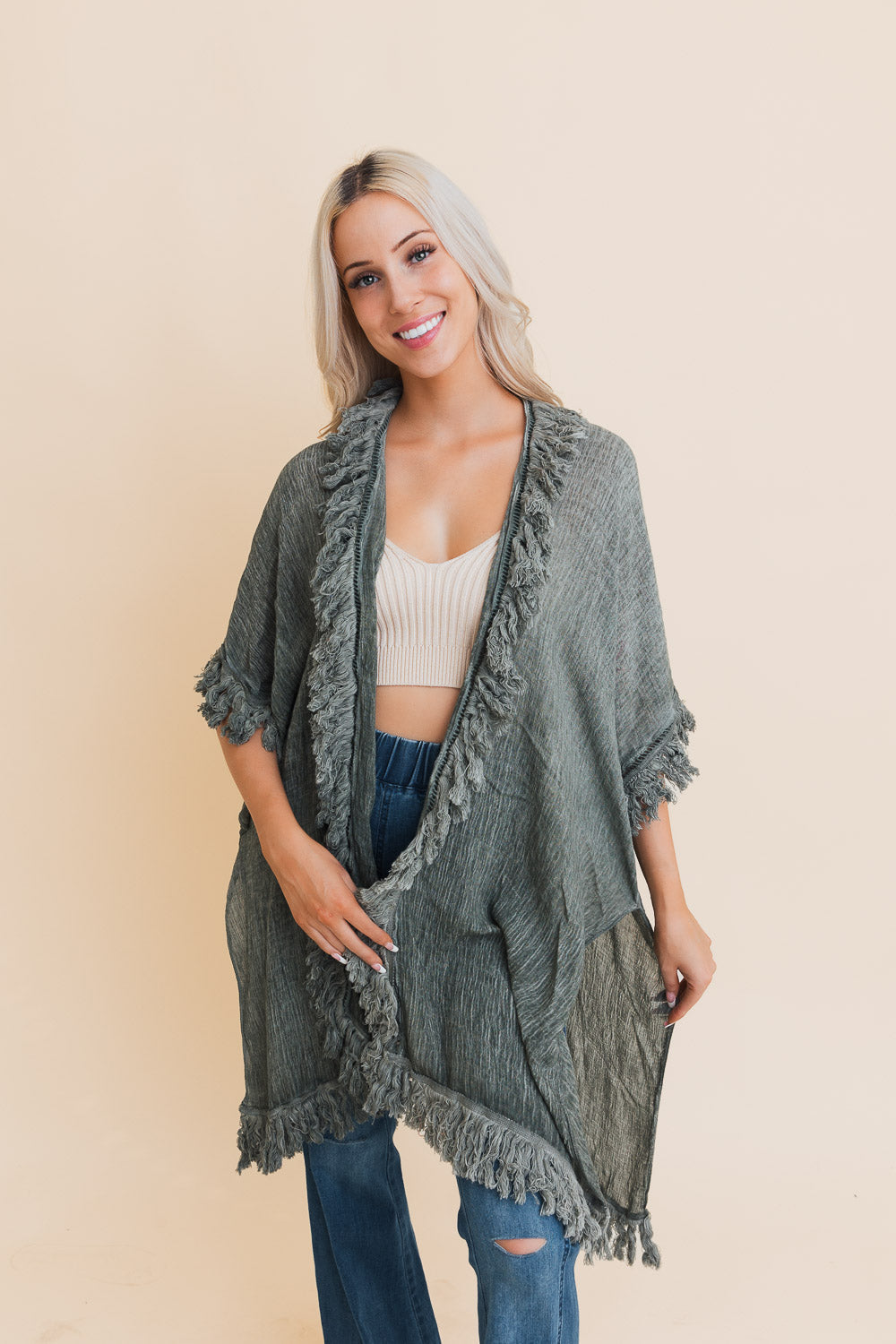 Sun Bleached Fringe Ruffle Kimono Kimonos