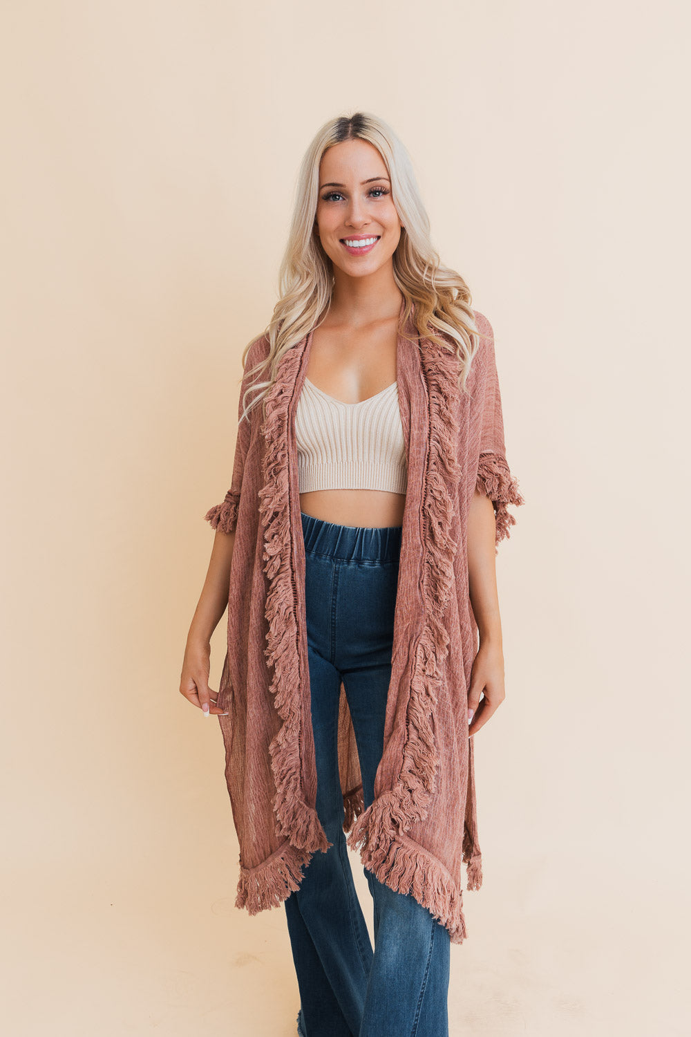 Sun Bleached Fringe Ruffle Kimono Kimonos