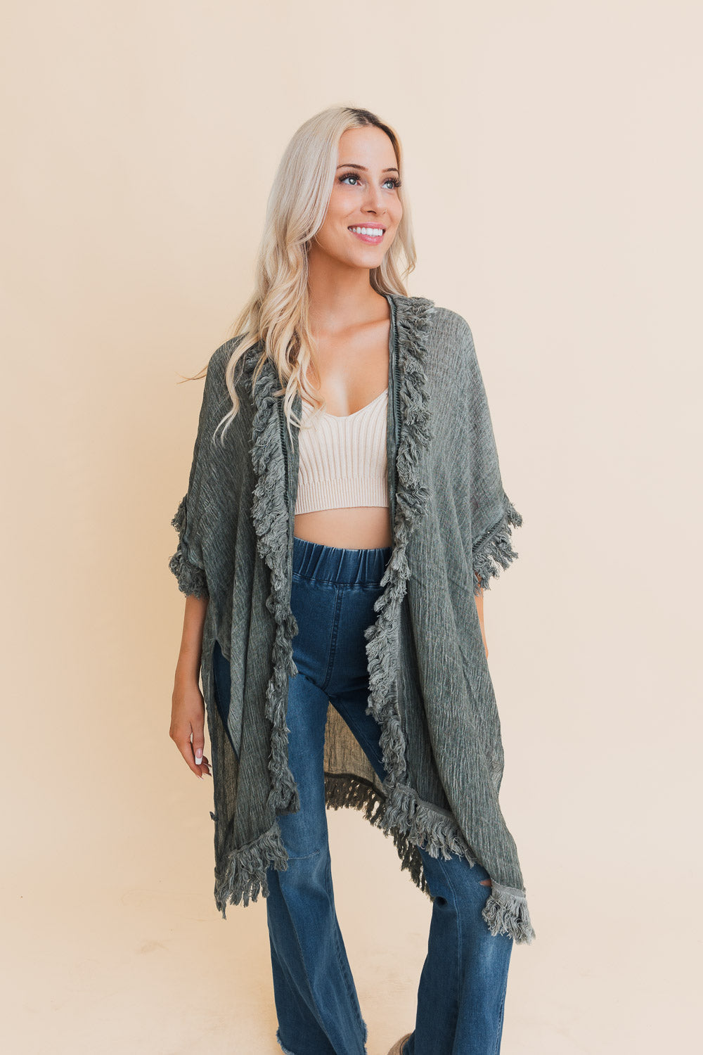 Sun Bleached Fringe Ruffle Kimono Kimonos One Size / Olive