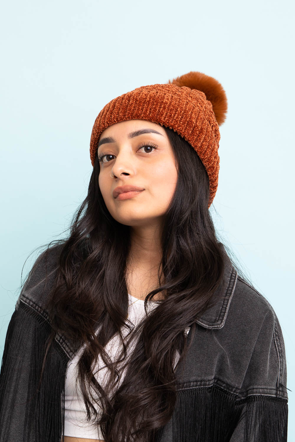 Velvet Cable Knit Pom Beanie Beanies