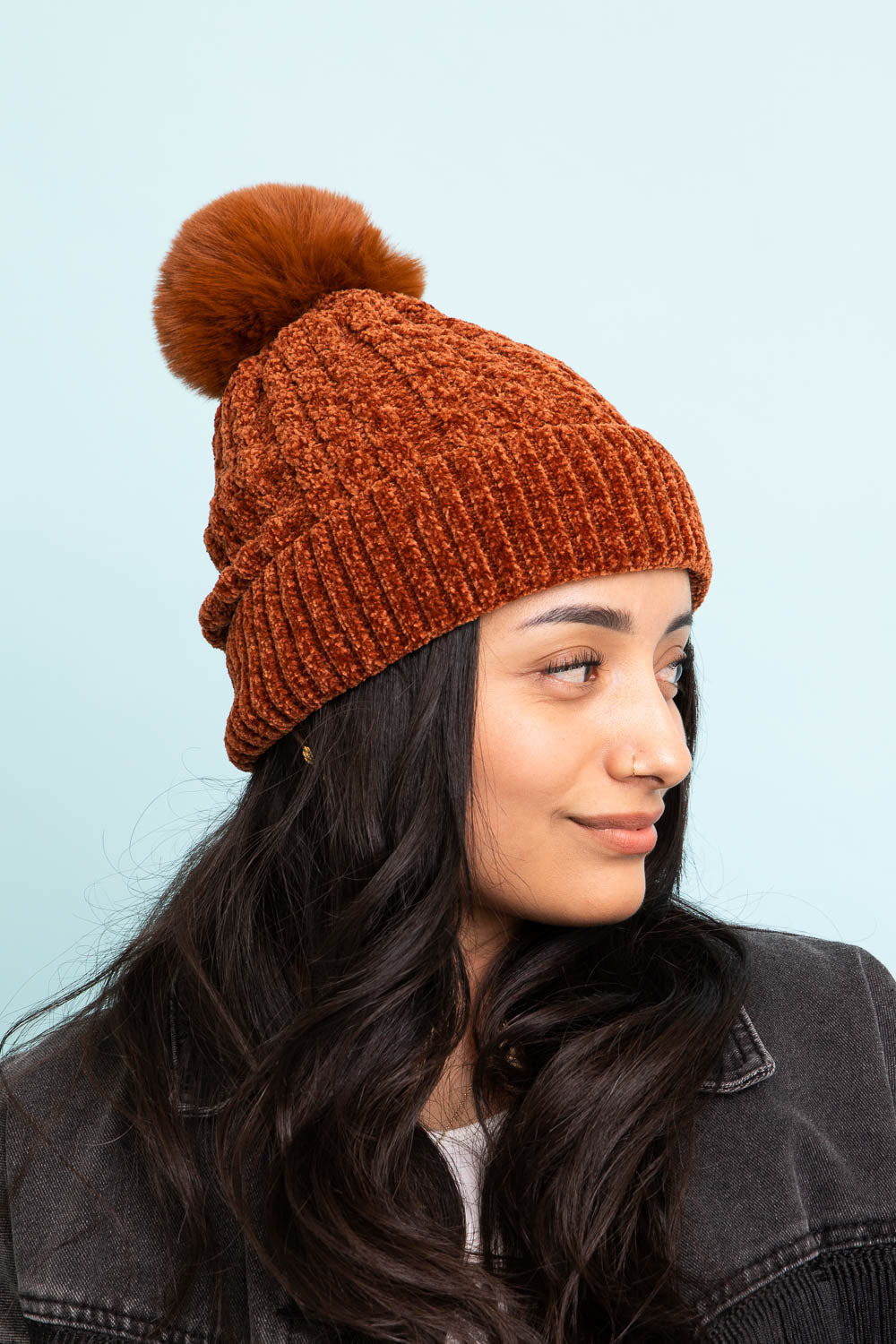 Velvet Cable Knit Pom Beanie Beanies Rust