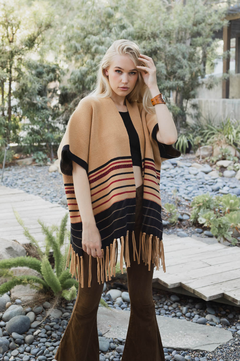 Western Luxe Fringed Ruana Ponchos Tan